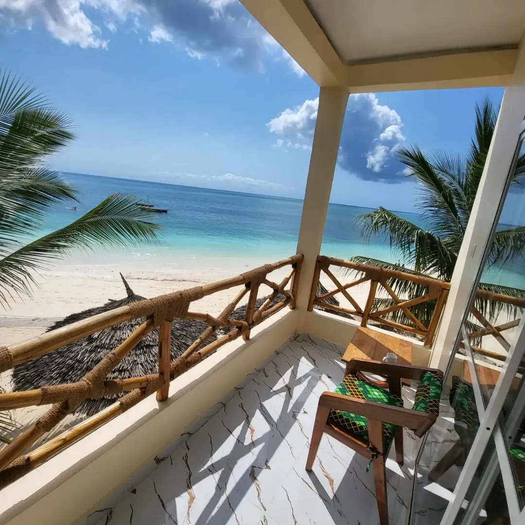 Balcony view over the beach at the Double A Nungwi Beach Hotel